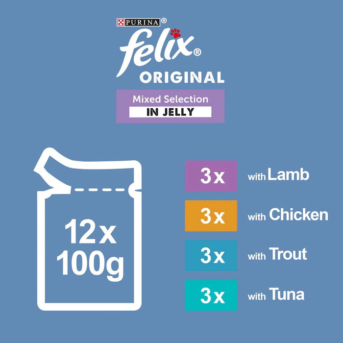 Felix Senior Original 7+ Mixed Selection in Jelly (Lamb, Chicken, Trout, Tuna) Wet Cat Food 12 x 100g