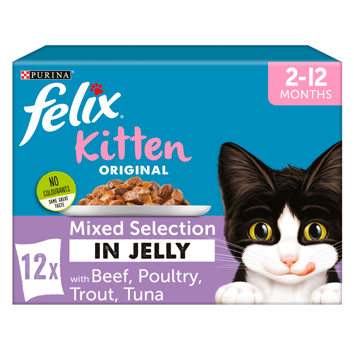 Felix Original Kitten Mixed Selection in Jelly (Beef, Poultry, Trout, Tuna) Wet Cat Food 12 x 100g