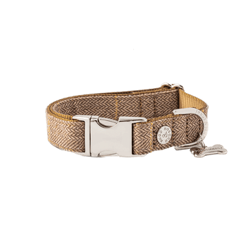 Hugo & Hudson Tweed Metal Buckle Dog Collar Caramel Checked Extra Small