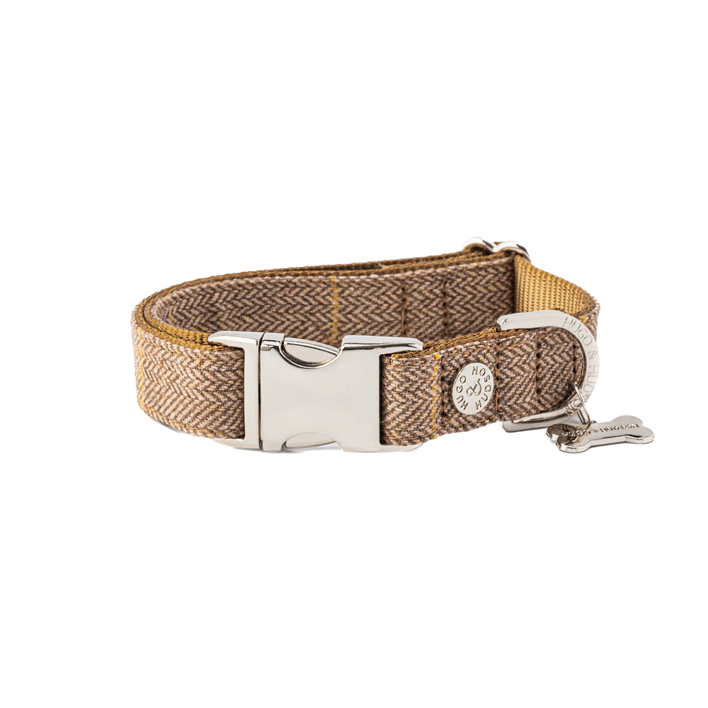 Hugo & Hudson Tweed Metal Buckle Dog Collar Caramel Checked Extra Small