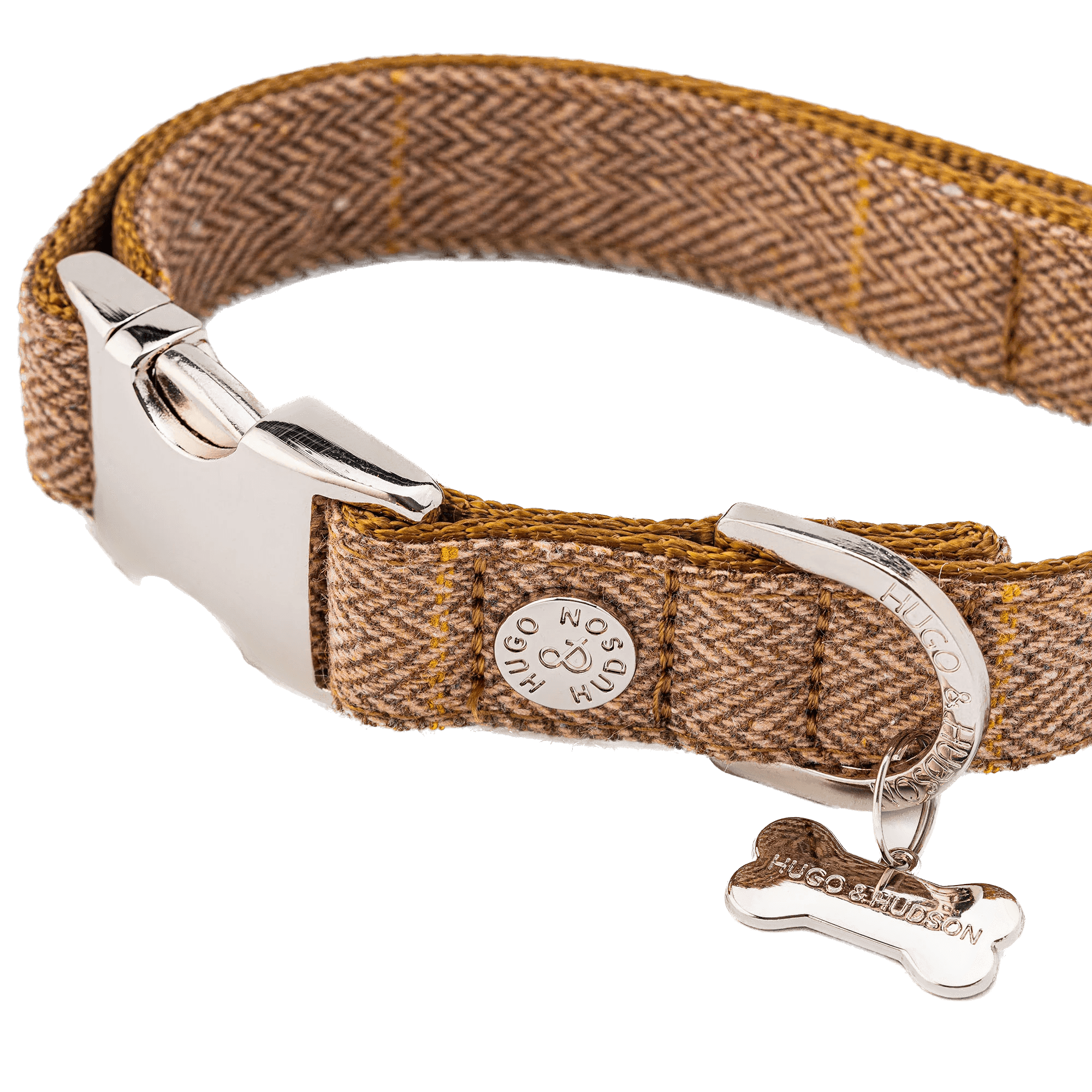 Hugo & Hudson Tweed Metal Buckle Dog Collar Caramel Checked Extra Small