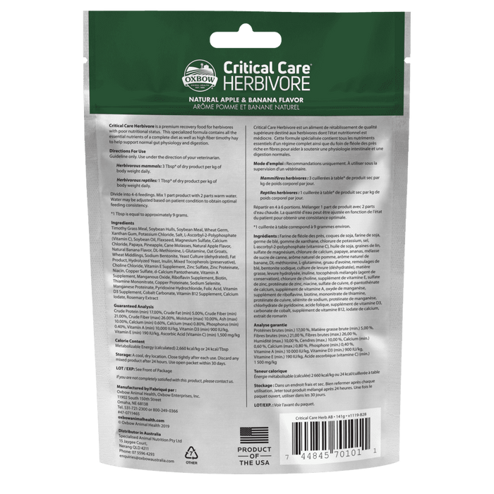 Oxbow Critical Care Herbivore Apple & Banana for Small Animals 141g