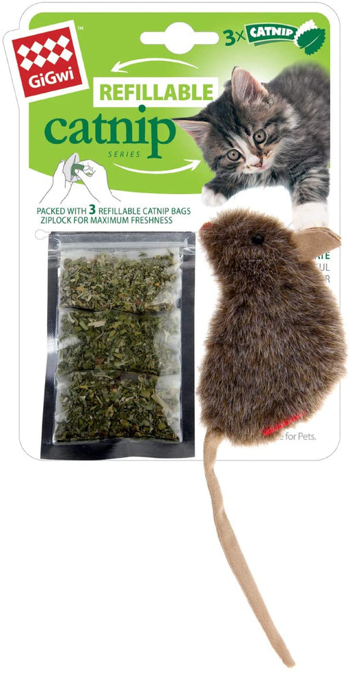 GiGwi Refillable Mouse Ziplock Cat Toy With x3 Catnip Bags Brown